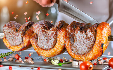 Canvas Print - Steak rotisserie at the steakhouse, sliced picanha, Picanha