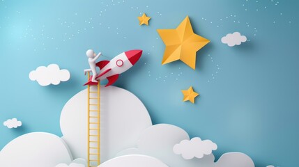 Man standing on ladder reaching for star. Suitable for motivation concept