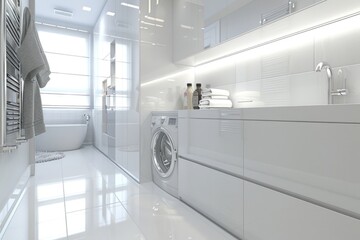 Poster - Modern white bathroom with laundry appliances. Suitable for interior design concepts