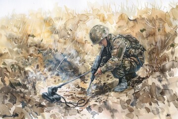 Poster - Detailed painting of a soldier holding a machine gun. Suitable for military-themed projects