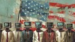 Televisions as heads against the American flag, a commentary on media influence and conformity within the framework of national identity.