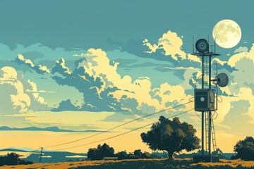 Poster - A painting of a cell phone tower with a full moon in the background. Perfect for technology or night sky concepts