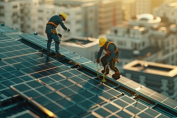 Poster - Two construction workers working on a roof. Suitable for construction industry projects