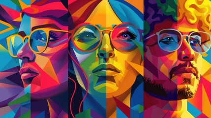Poster - A group of people with different colored faces. Ideal for diversity and inclusion concepts