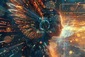 Poster - A woman wearing a futuristic headpiece holding a camera. Ideal for technology and photography concepts