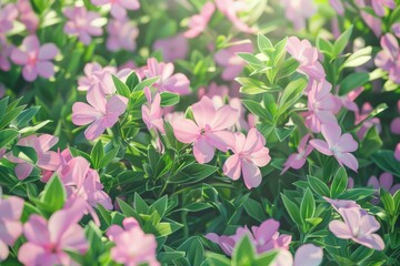 Poster - A field of pink flowers with green leaves. Suitable for nature and floral concepts