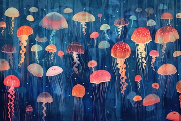 Canvas Print - A painting of jellyfish floating in the ocean. Suitable for marine life illustrations