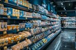 Blurry interior of large grocery store with shopping aisles and neatly arranged shelves concept