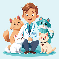 a man with a lab coat and two cats with a lab coat on.