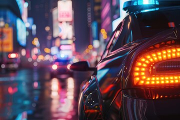 Poster - A close up of a police car on a city street. Suitable for law enforcement concepts