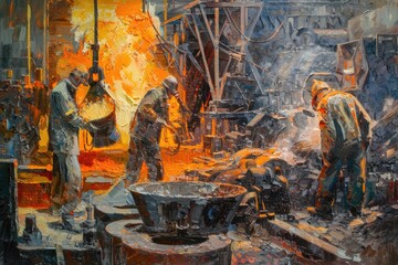 Aufkleber - A painting of men working in a factory. Suitable for industrial concepts