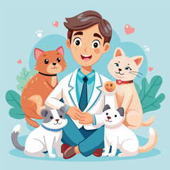 a man with a lab coat and two cats with a lab coat on.