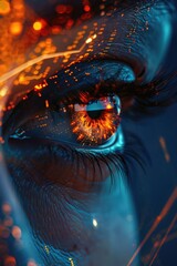 Poster - Close up of a person's eye with lights in the background. Suitable for technology or medical concepts