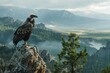 A Vulture perched stoically atop a tall pine, overlooking a serene mountain landscape