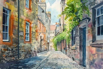 Poster - Detailed watercolor painting of a charming cobblestone street. Perfect for travel or historical themed designs