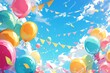 A vivid celebration backdrop with colorful balloons, bunting, and confetti, set against a clear blue sky, expressing happiness and festivity.