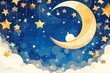 A whimsical scene with a crescent moon cradled by stars and clouds, creating a peaceful, dreamy nighttime atmosphere.