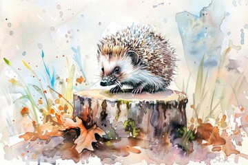 Poster - Watercolor painting of a hedge sitting on a tree stump. Suitable for nature and botanical themes