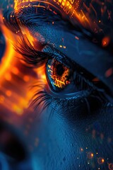 Poster - Close up of a person's eye with glowing lights. Suitable for technology or sci-fi concepts