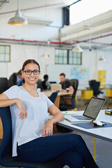 Leinwandbilder - Woman, laptop and portrait in office for company career, online planning and creative research project for web. Female professional designer, smile and tech for email internet in coworking space