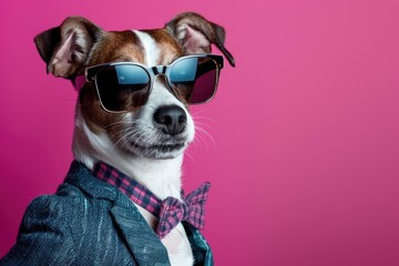 Aufkleber - A fashionable dog wearing sunglasses and a bow tie. Perfect for pet fashion blogs or animal-themed events