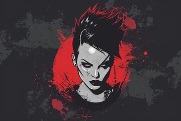 Poster - A woman with black hair and red paint splattered on her face. Suitable for artistic and creative projects