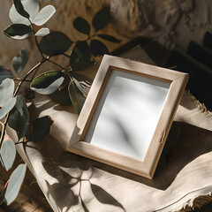 Wall Mural - photo frame with plants on the fabric background, wooden frame, near the window, sunlight	