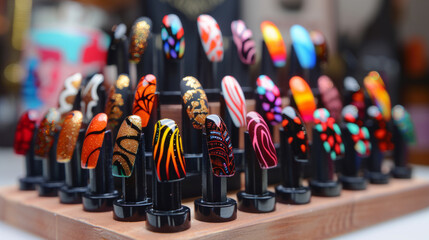 Various nails art examples on a stand