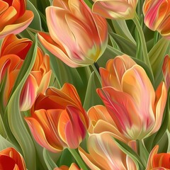 Poster - Vibrant orange tulips with fresh green leaves, perfect for spring-themed designs