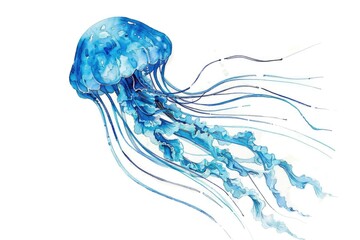 Aufkleber - A vibrant painting of a jellyfish in blue watercolor. Perfect for marine-themed designs