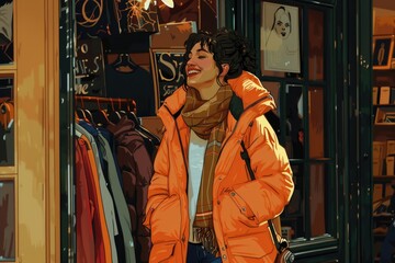 Poster - A woman standing in front of a clothing store. Suitable for fashion and retail concepts