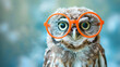 whimsical baby owl with large orange spectacles on a blurred background