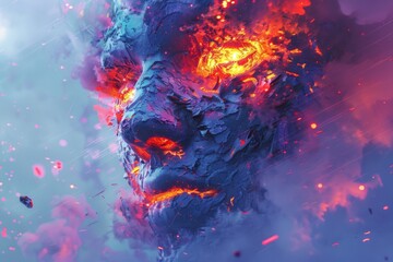 Poster - A dramatic close-up of a person's face with fire coming out of it. Suitable for intense and fiery concepts