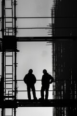 Aufkleber - Two men standing on top of a building, suitable for urban and business concepts