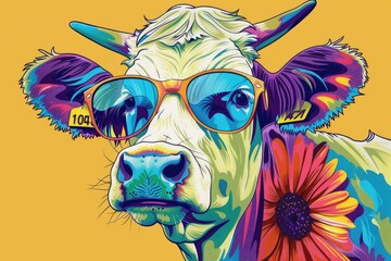 Aufkleber - A cow wearing sunglasses with a flower in its mouth. Perfect for summer and vacation concepts