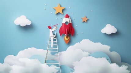 Poster - A man standing on a ladder looking at a rocket. Suitable for technology and innovation concepts