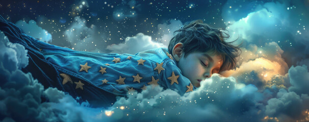 Poster - A peaceful image of a young boy sleeping in fluffy clouds. Suitable for dreamy and imaginative concepts