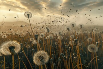 Poster - A field full of dandelions with birds flying around. Suitable for nature and springtime concepts