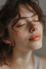 Poster - A close up of a woman with freckles on her face. Suitable for skincare or beauty concepts