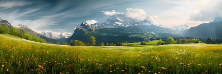 Wall Mural - Idyllic mountain landscape in the Alps with blooming meadows in springtime