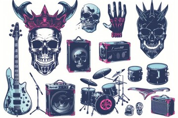 Wall Mural - A unique collection of music instruments and skulls. Perfect for music-themed designs or Halloween projects