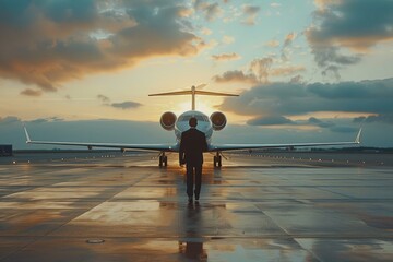 Poster - A man standing in front of an airplane on a runway. Suitable for aviation industry promotions