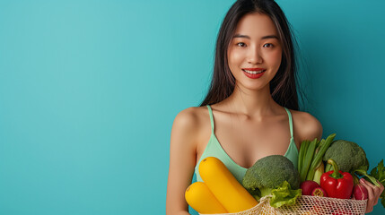 Wall Mural - Indoor shot of cheerful dark haired Asian woman holds freshly made smoothie from vegetables carries net bag wears cropped top and leggings isolated over blue background blank space for promo.