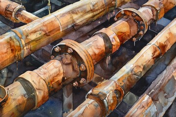 Poster - Detailed watercolor painting of various pipes, suitable for industrial or construction themes