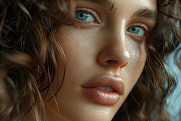 Poster - Close-up portrait of a woman with striking blue eyes, suitable for beauty and fashion concepts