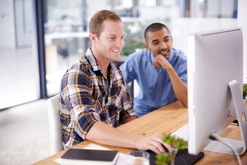 Aufkleber - Teamwork, computer and businessmen in office at desk for support, creativity and project collaboration. Graphic design, professional and employees for discussion, working or planning in workplace