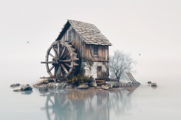 Poster - A picturesque scene of a house on a small island with a charming water wheel. Ideal for travel and nature concepts