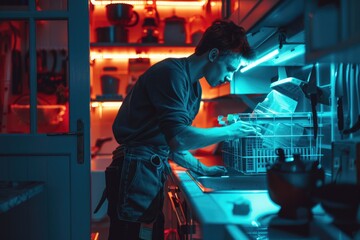 Canvas Print - A man standing in a kitchen next to a sink. Suitable for home improvement or cooking concepts