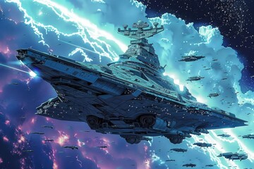 Poster - A large space ship flying through a cloudy sky. Suitable for sci-fi or futuristic themes