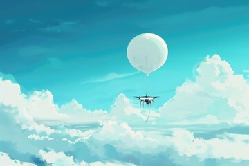 Poster - A white balloon flying through a clear blue sky. Suitable for various concepts